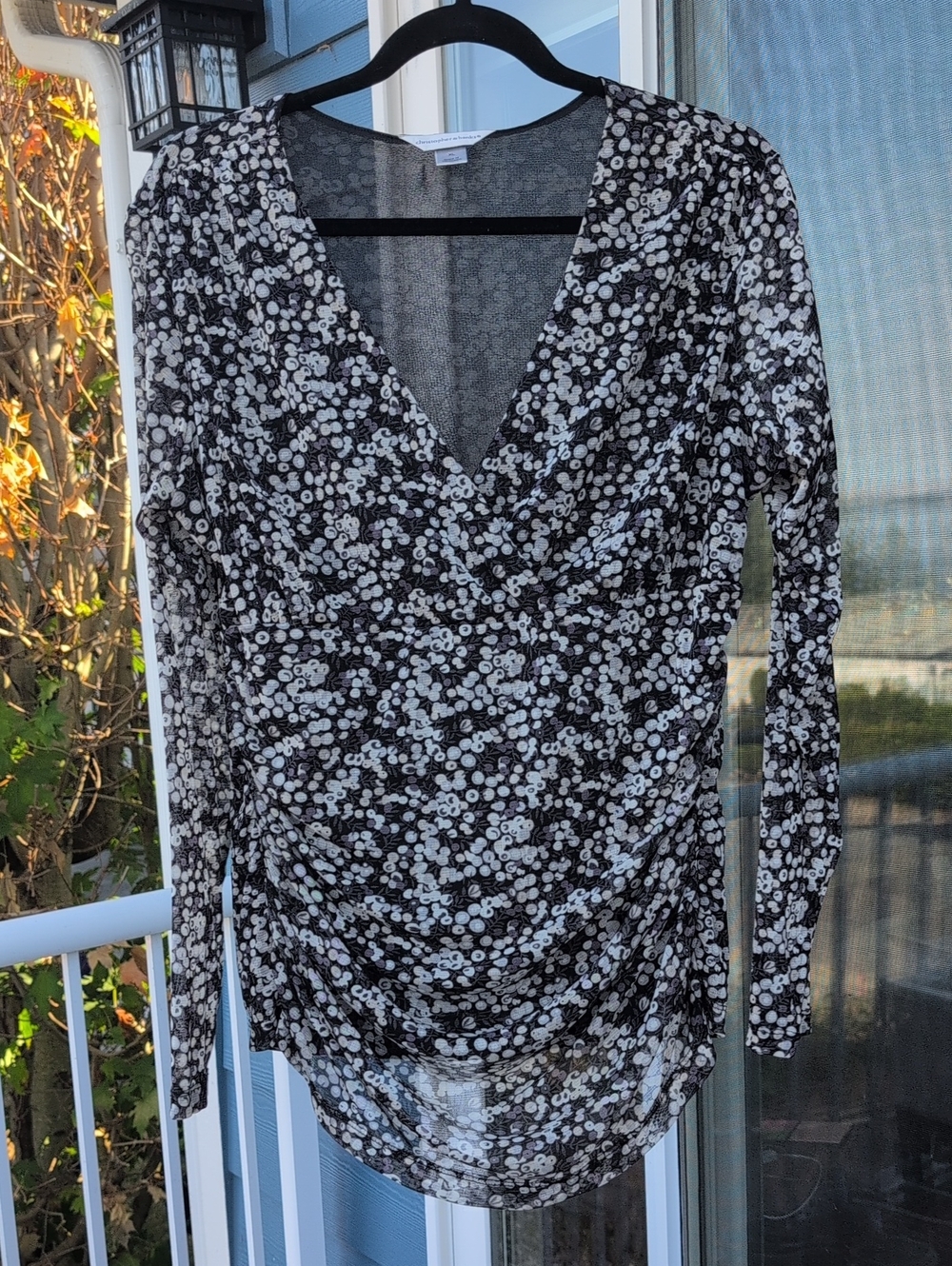 Christopher & Banks Black & White Floral V-Neck Long Sleeve Top  XL